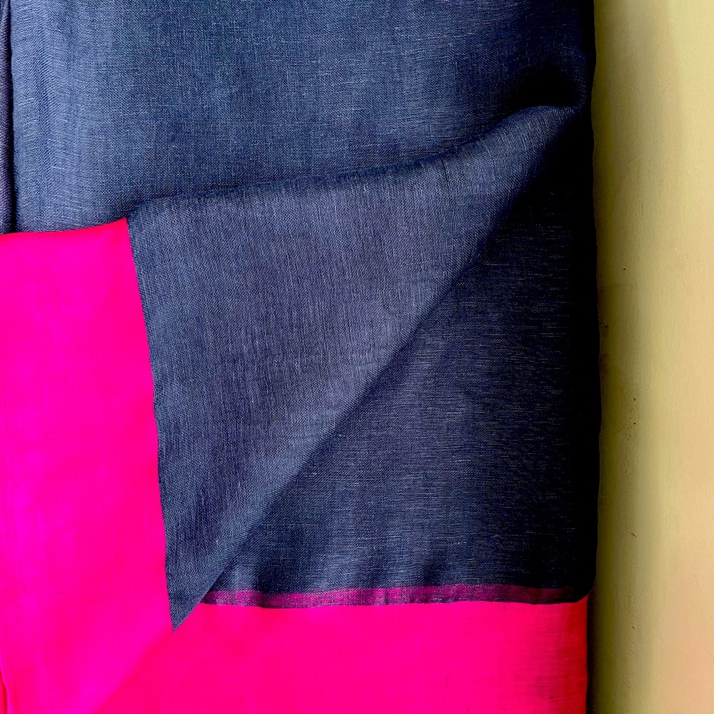 Fabindia style elegant brand new pure linen saree Navy blue Fuschia magenta